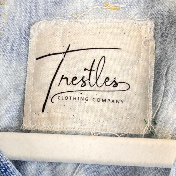 Pistola Boho Denim Distressed Vest Jacket Upcycled 3D Crochet Festival S/M - Picture 15 of 15